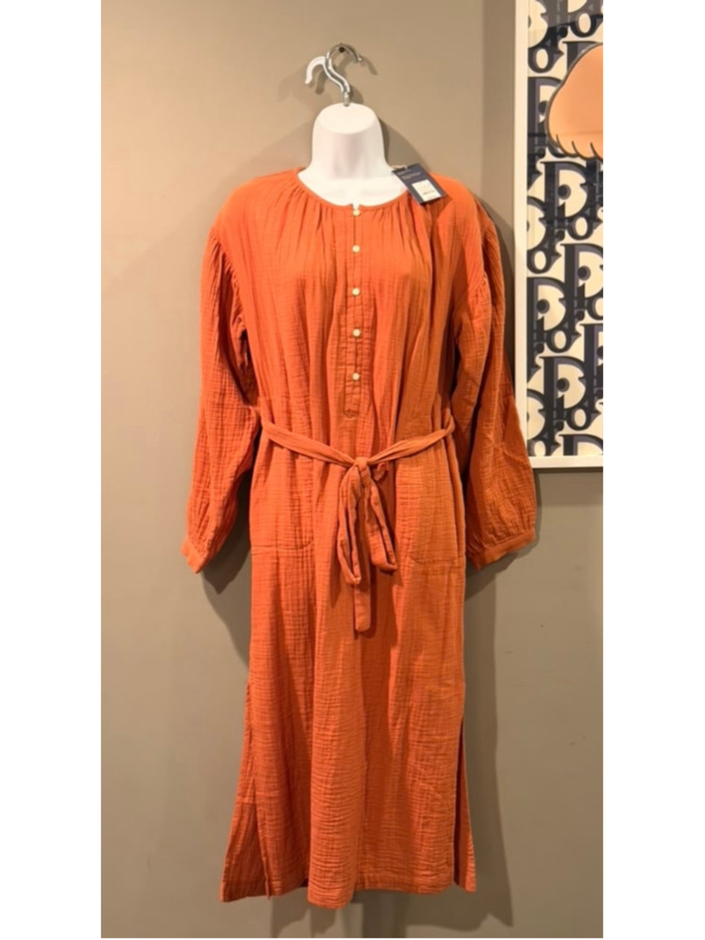 Universal Thread Women’s Orange Cotton Gauze Belted Midi Dress Small NWT